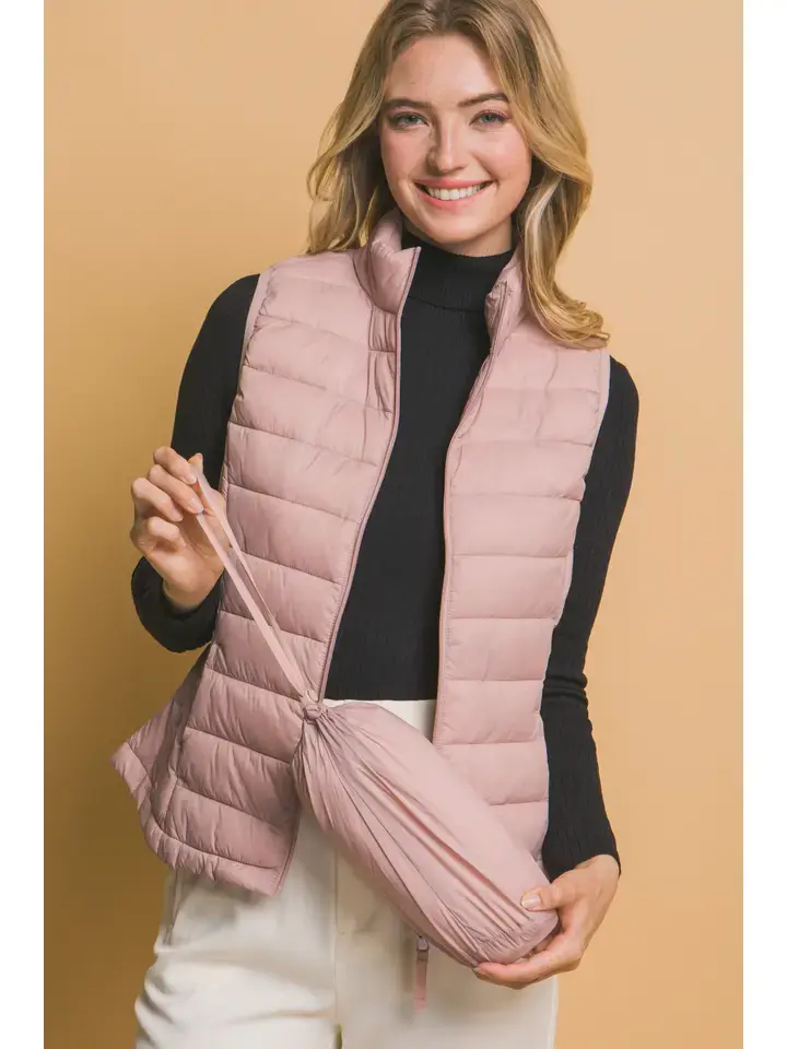 Blush packable puffer vest with matching pouch