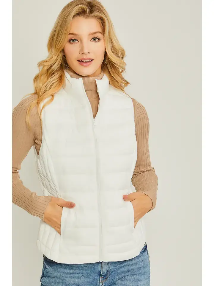 Ivory packable puffer vest front view